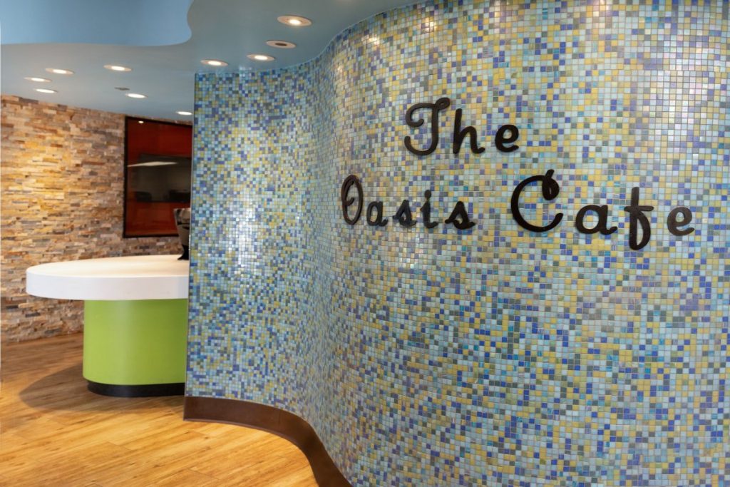 A closeup of The Oasis Café entrance